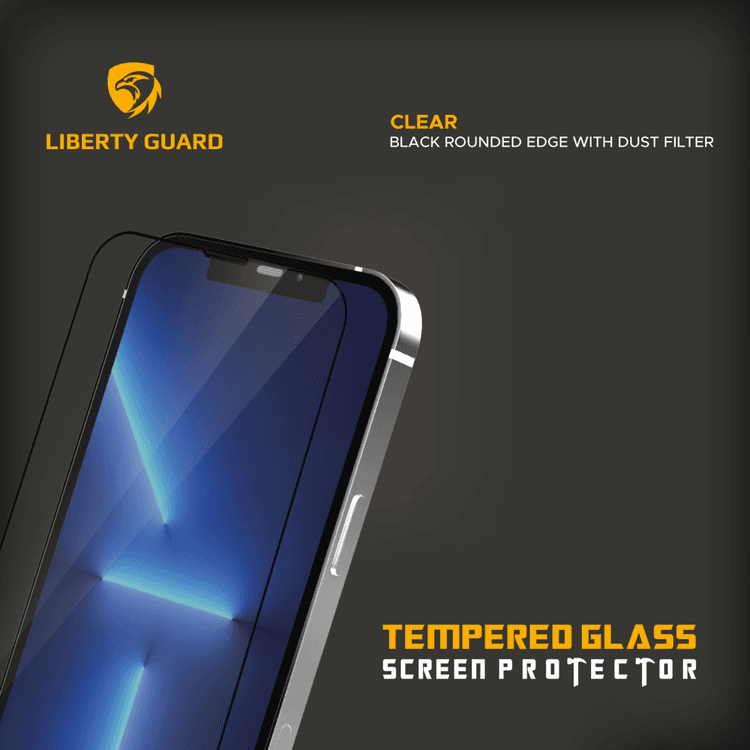 Liberty Guard LGCLRDFBRE13PRO 2.5D Full Cover Rounded Edge with Dust Filter Screen Protector for iPhone 13/13 Pro, Anti Shock & Anti Impact - Black