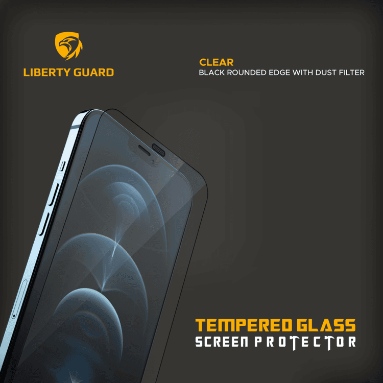 Liberty Guard LGCLRDFBRE12PM 2.5D Full Cover Rounded Edge with Dust Filter Screen Protector for iPhone 12 Pro Max, Anti Shock & Anti Impact - Black