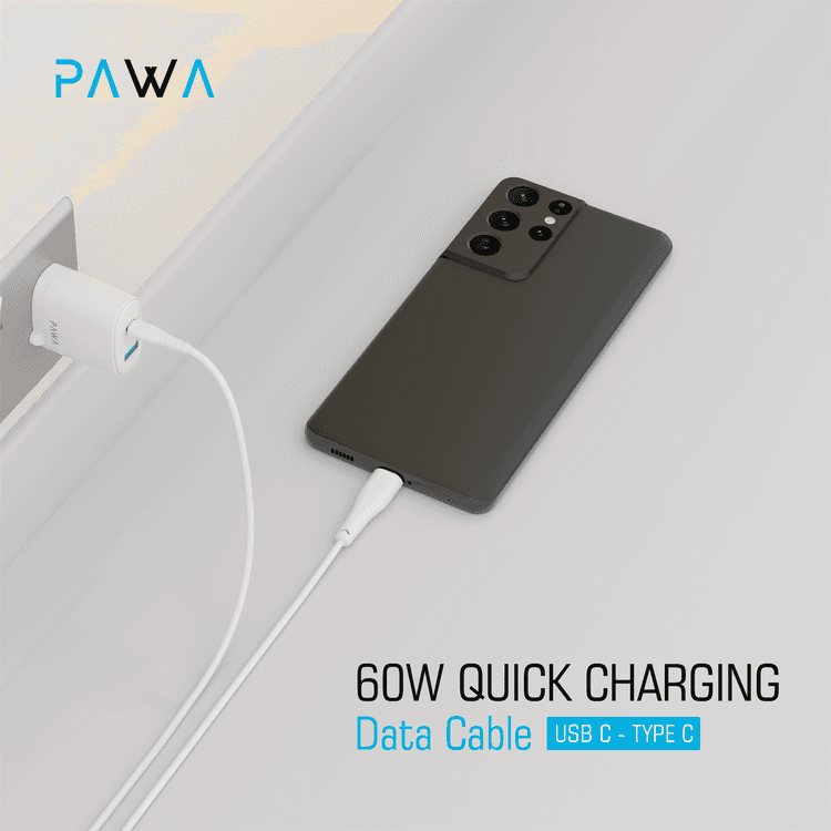 Pawa PVC 60W Data & Quick Charging USB-C to USB-C Cable 1.2m/4ft - White