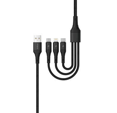 Pawa Nylon Braided 2.4A Data & Quick Charging 3in1 Cable 1.2m/4ft - Black
