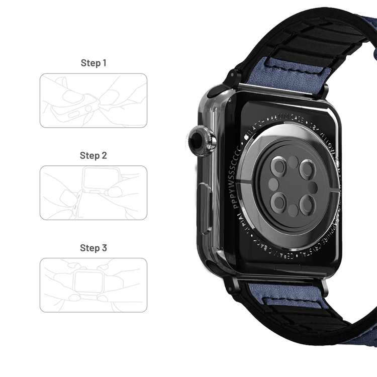 Porodo iGuard PDLEASIL44-BU Adjustable Leather + Silicone Lightweight Stylish Watch Band For Apple Watch 42/44/45mm - Blue