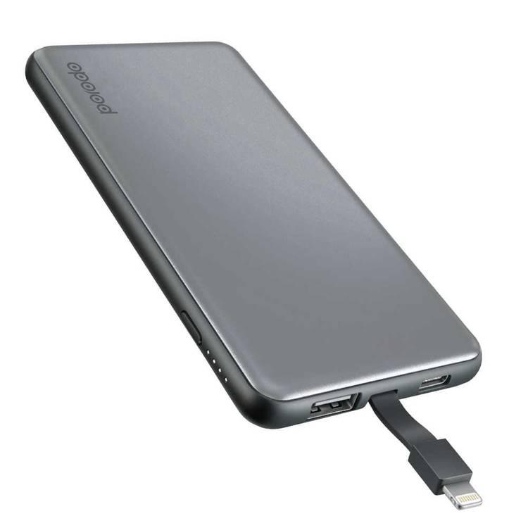 Porodo PD-PB110-GY USB & Type-C Power Bank 10000mAh with Cable Compatible for Lightning Devices - Travel-friendly Design - Slim Lightweight Portable Charger Powerbank - Gray