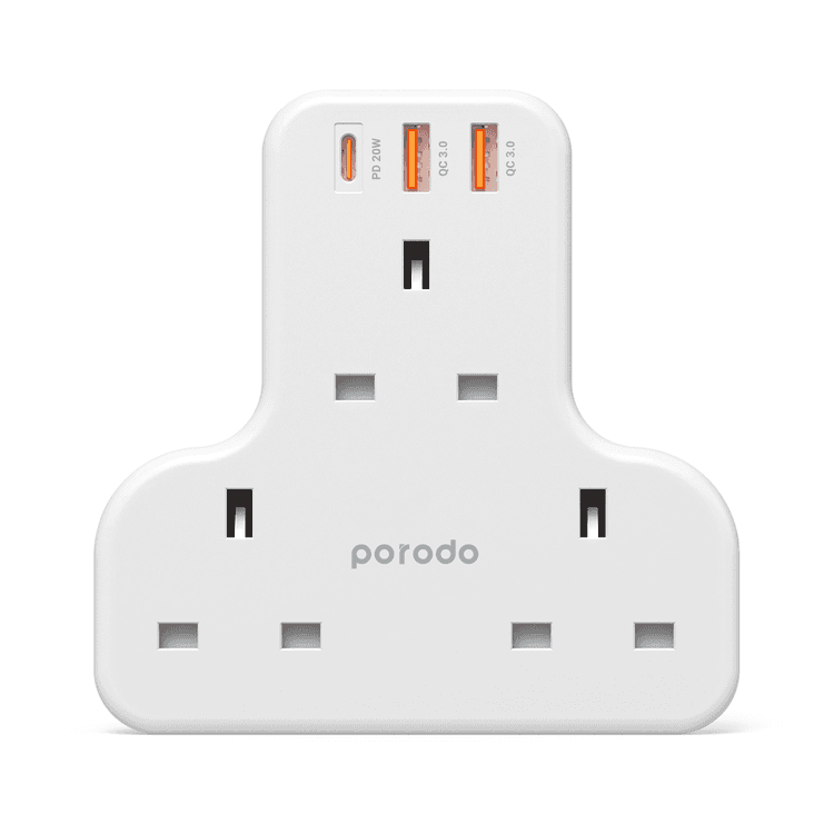 Porodo PD-FWCH006-WH Multiport Wall Adapter T-Socket 3250W UK , AC outlet and fast charging USB - White