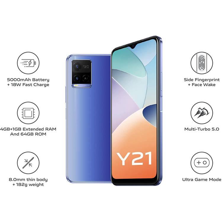 VIVO Y21 Dual SIM Metallic Blue 4GB RAM+1GB Extended 64GB 4G LTE, 5000mAh+18W Fast Charge, Side-Mounted Fingerprint - Middle East Version