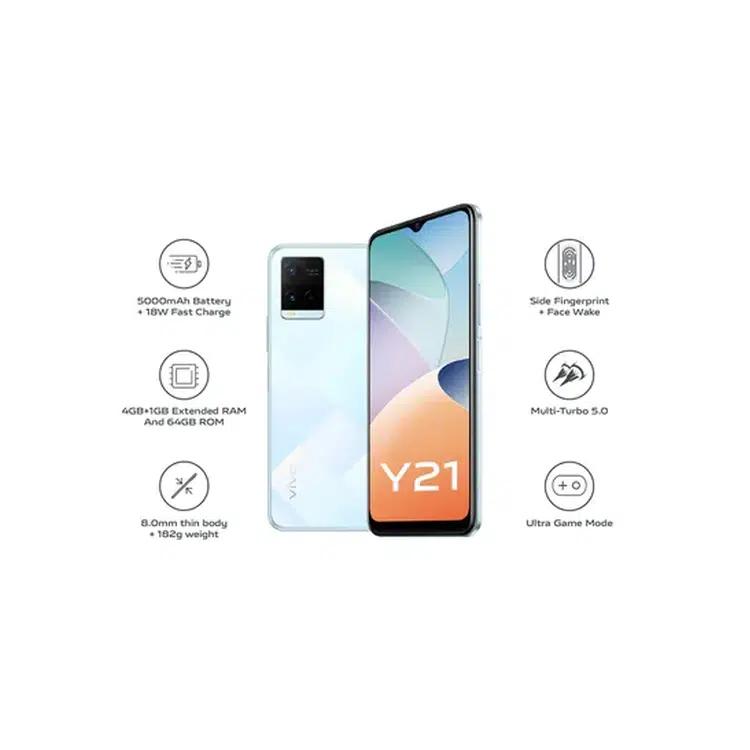 VIVO Y21 Dual SIM Diamond Glow 4GB RAM+1GB Extended 64GB 4G LTE, 5000mAh+18W Fast Charge, Side-Mounted Fingerprint - Middle East Version