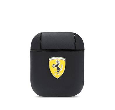 CG Mobile Ferrari FESA2LEBK  No Track Leather case With Metal Logo  for Airpods 1/2 Officially Licensed ,  High-Quality material , Dust Proof , Compatible with Airpods 1/2 - Black