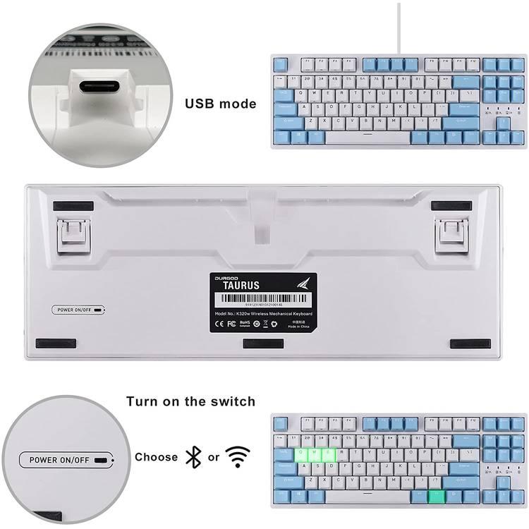 دورجود لوحة مفاتيح الألعاب الميكانيكية Taurus K320 TKL اللاسلكية, متوافق مع أنظمة تشغيل Mac و Windows ،  مفتاح أحمر ، و DoubleShot PBT NKRO - أبيض / أزرق فاتح