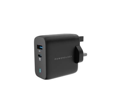 Powerology 63W Ultra-Quick GaN Charger 45W PD & USB-A Quick Charge 18W QC3.0, Built-in Safeguards, Compact, 3PIN Plug - Black