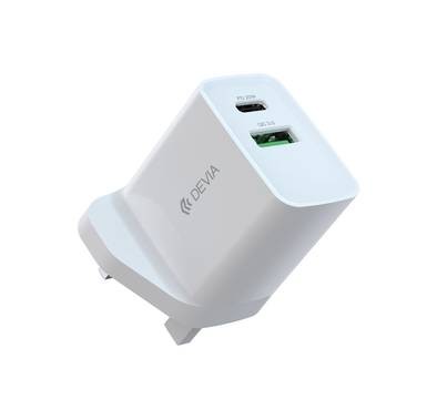 Devia Smart Series PD & QC Quick Charger UK 20W with Type-C to Lightning Cable 1M + USB to Type-C Cable 1M - White