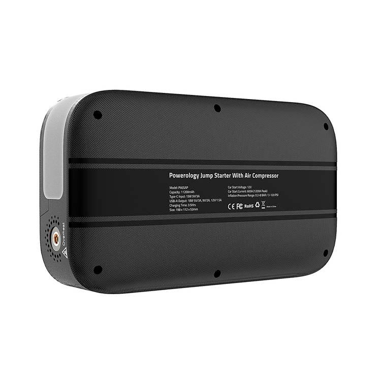 Powerology Jump Starter With Air Compressor, Powerbank, LED Light, 11200mAh Battery Capacity - Black