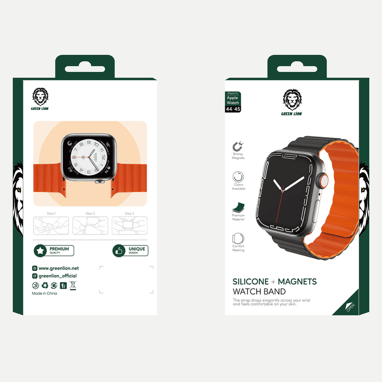 Green Lion GNMWB45MBKOG Silicone Magnetic Watch Band, Compatible with Apple Watch 42/44/45MM - Black / Orange