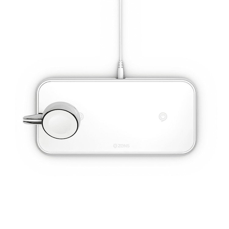 ZENS ZE-DC05W Aluminum Wireless Charging Pad and Watch Charger Station, Qi and MFi Certified, Supports Apple and Samsung Fast Charge, Adapter Included, 20W - White