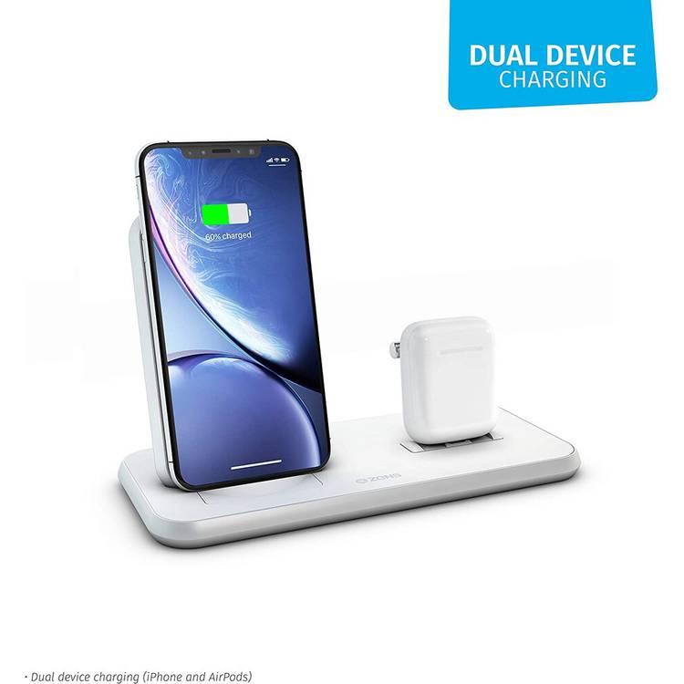 ZENS ZE-DC06B Dual Aluminium Wireless Charger & DOCK 20W, charges three devices, Ultra thin design - White