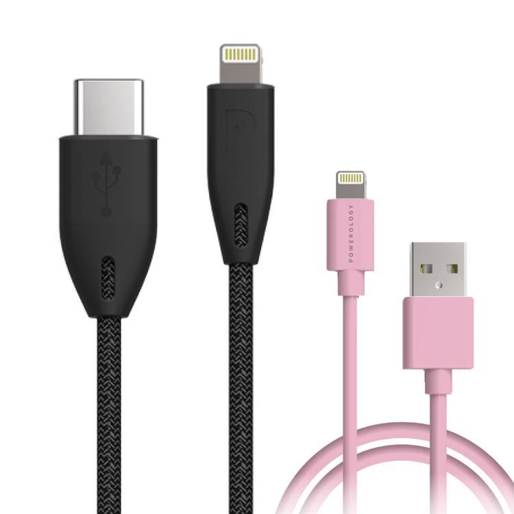 Powerology Braided Lightning Cable Set: 0.9m/3ft ( Black ) + 3m/10ft ( Jay ) - Black / Pink