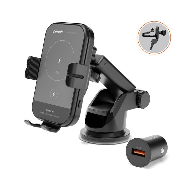 Porodo 3 in 1 Car Charger Mount 15W With QC3.0 Car Charger