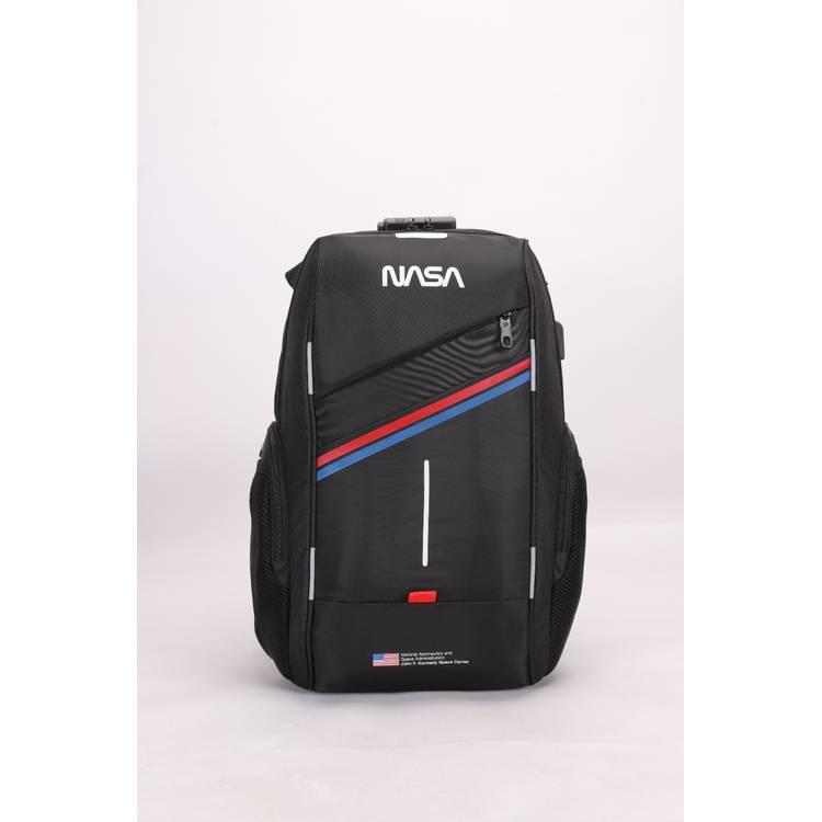 NASA Backpack With USB Connector, Inside Pockets & Laptop Pocket & Side Pockets, 300D Material, Printed Logo, USB Charging Port, Combination Lock - Black 