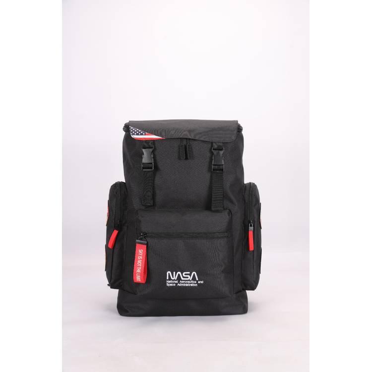 NASA Canvas Backpack, 300D Material,  Embroidery Logo, Zipper, USB Charging Port - Black