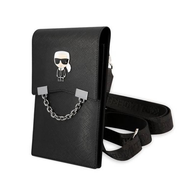 Karl Lagerfeld Wallet with Chain and Karl Ikonik Metal Logo, Bag for Phone, Document, Money or Key and etc. - Black