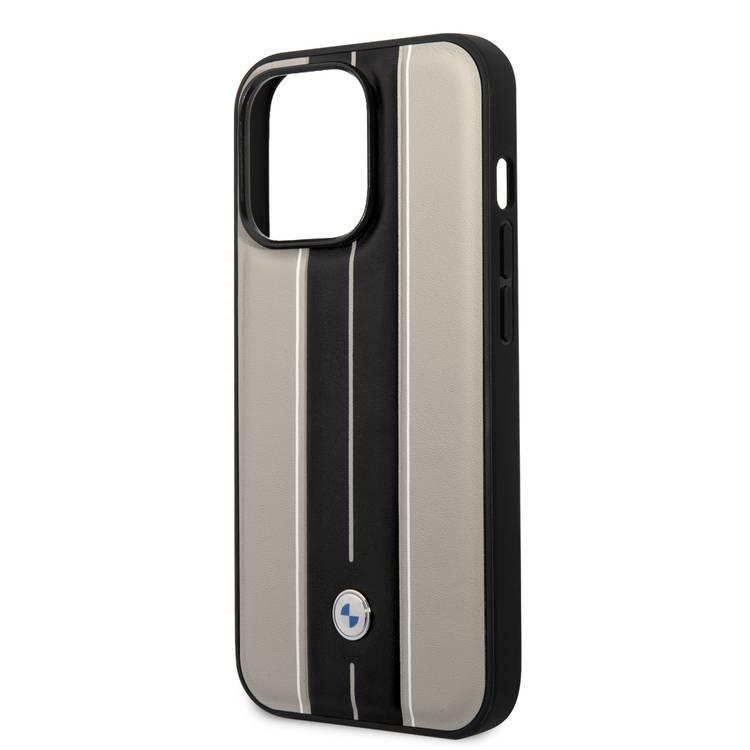 BMW Signature Collection Genuine Leather Case with Hot Stamp Lines, iPhone 14 Pro Max Compatibility - Beige