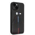 BMW M Collection Quilted PU Carbon Case with Hot Stamped Tricolor Stripe & Metal Logos iPhone 14 Compatibility - Black