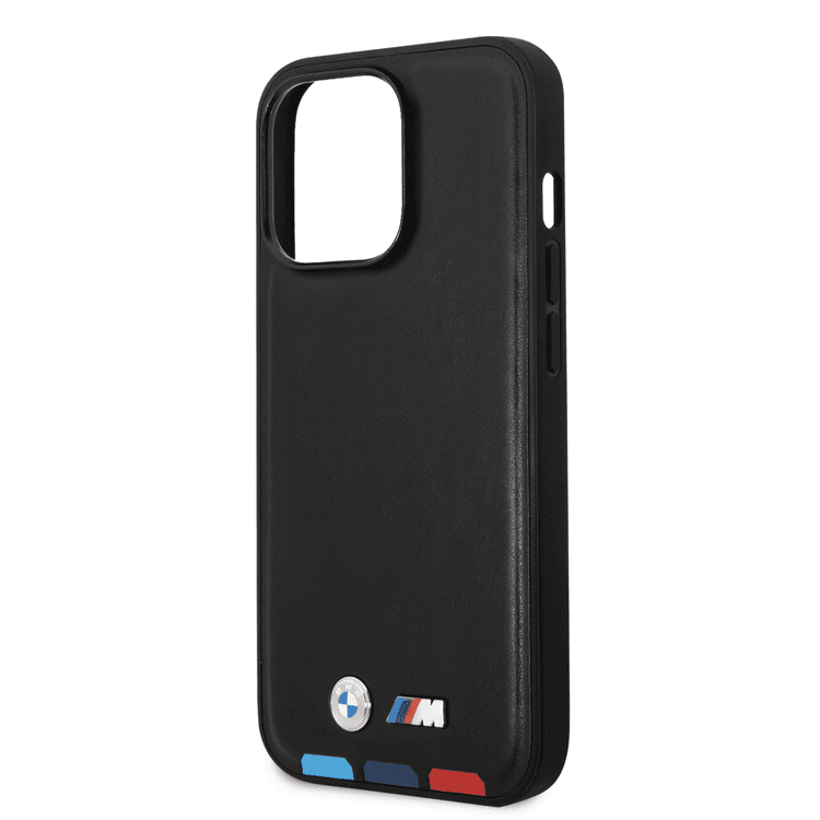 BMW M Collection PU Leather Case with Hot Stamped Tricolor Parts and Printed Logo iPhone 14 Pro Max Compatibility - Black