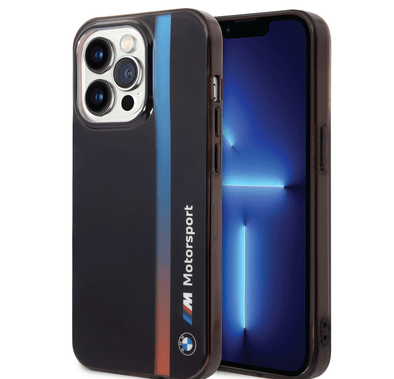 BMW Motorsport Collection PC/TPU IML Case with Printed Tricolor Fading Stripe iPhone 14 Pro Max Compatibility - Black