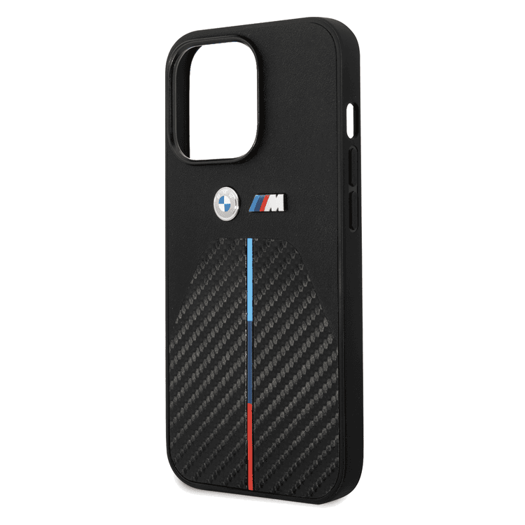 BMW M Collection Quilted PU Carbon Case with Hot Stamped Tricolor Stripe & Metal Logos iPhone 14 Pro Compatibility - Black