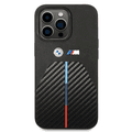 BMW M Collection Quilted PU Carbon Case with Hot Stamped Tricolor Stripe & Metal Logos iPhone 14 Pro Compatibility - Black