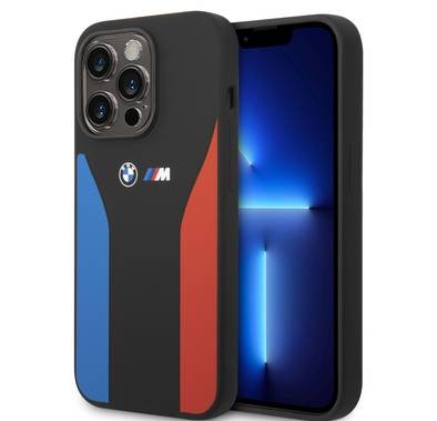 BMW M Collection Liquid Silicone Case with Tricolor Print & Logo Lightweight iPhone 14 Pro Max Compatibility - Black
