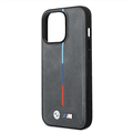 BMW M Collection Quilted PU Case with Hot Stamped Tricolor Stripe and Printed Logo iPhone 14 Pro Max Compatibility - Grey