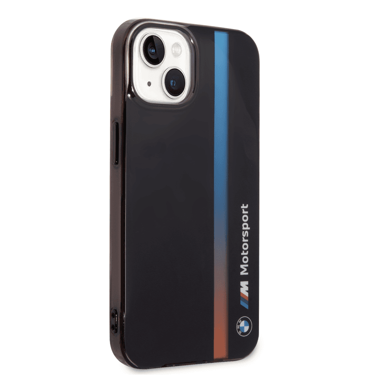 BMW Motorsport Collection PC/TPU IML Case with Printed Tricolor Fading Stripe iPhone 14 Plus Compatibility - Black