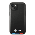 BMW M Collection PU Leather Case with Hot Stamped Tricolor Parts and Printed Logo iPhone 14 Plus Compatibility - Black