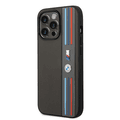 BMW M Collection PU Leather Mesh Case with Printed Tricolor Lines iPhone 14 Pro Max Compatibility - Grey