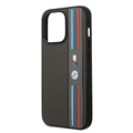 BMW M Collection PU Leather Mesh Case with Printed Tricolor Lines iPhone 14 Pro Max Compatibility - Grey