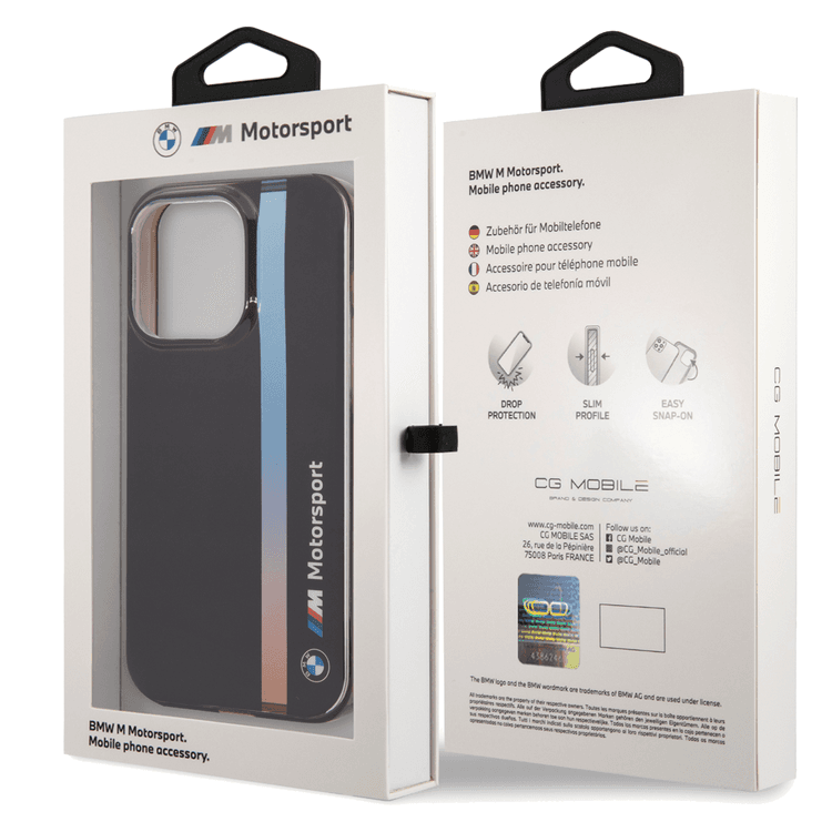 BMW Motorsport Collection PC/TPU IML Case with Printed Tricolor Fading Stripe iPhone 14 Pro Compatibility - Black