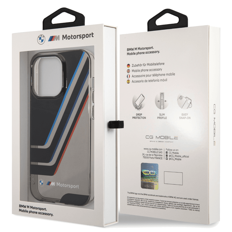 BMW Motorsport Collection PC/TPU IML Printed Tricolor Stripes, Translucent Zones iPhone 14 Pro Compatibility - Black