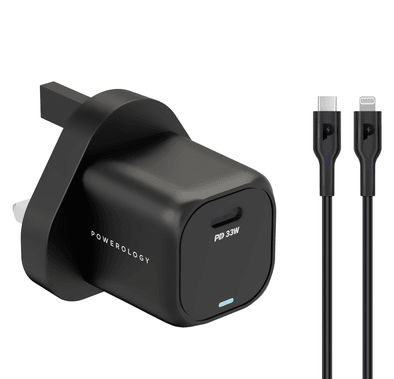 Powerology 33W GaN PD Charger With 1.2m/3.9ft USB-C To USB-C  Cable - Black