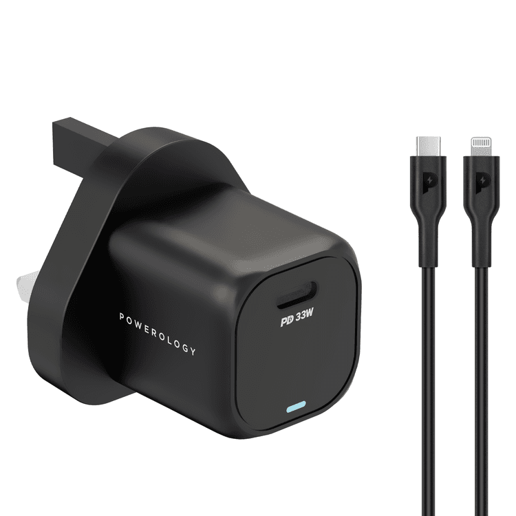 Powerology 33W GaN PD Charger With 1.2m/3.9ft USB-C To USB-C  Cable - Black