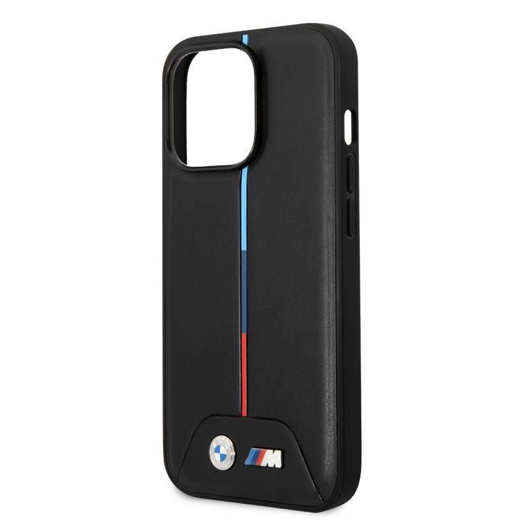 BMW M Collection Magsafe Compatibility Quilted PU Case with Hot Stamped Tricolor Stripe iPhone 14 Pro Compatibility - Black