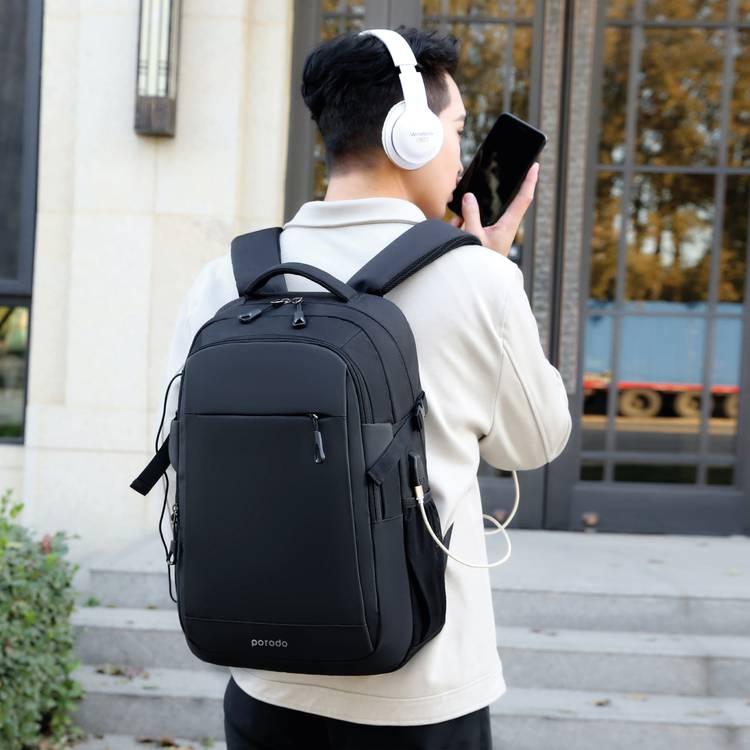 Porodo Lifestyle Water-Proof Oxford + PU Backpack  With USB-A Port - Black