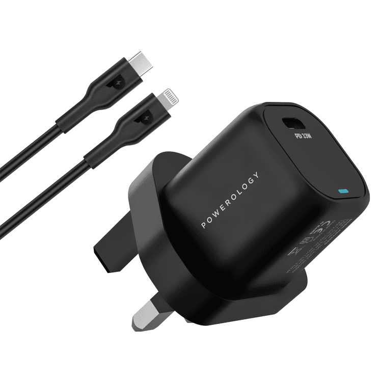 Powerology 33W GaN PD Charger With 1.2m/3.9ft USB-C To Lightning - Black