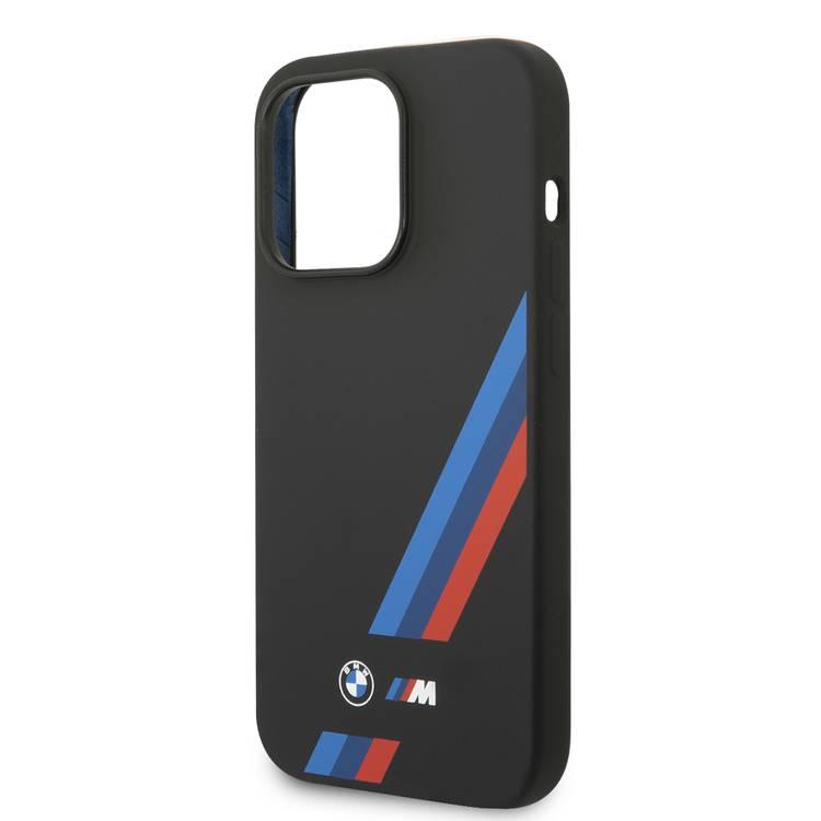 BMW M Collection Magsafe Compatibility Liquid Silicone Case Slanted Tricolor Stripes iPhone 14 Plus Compatibility - Black
