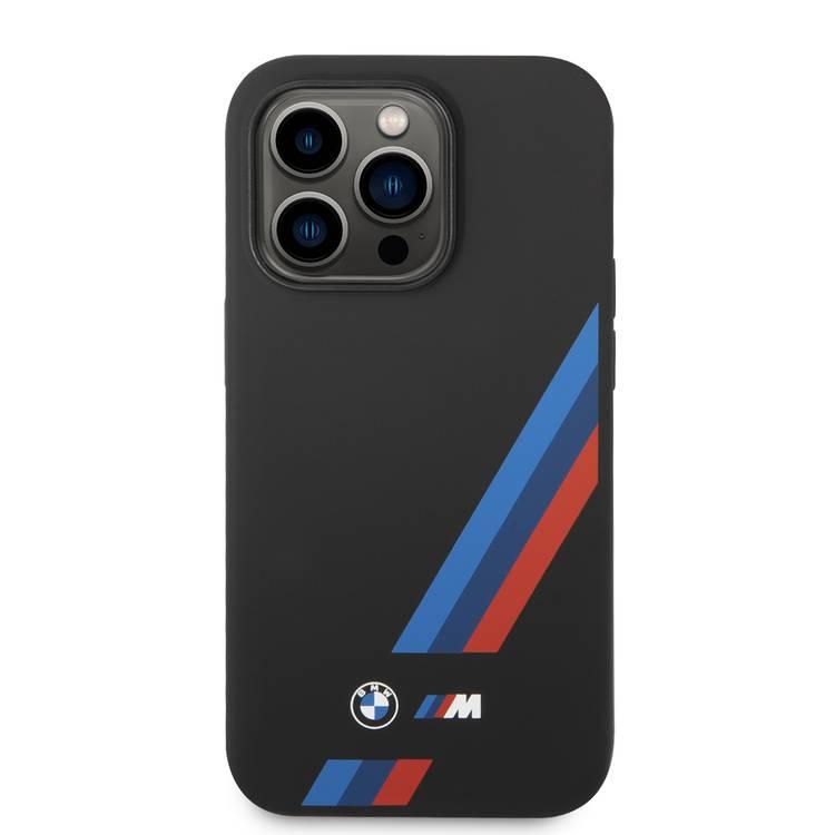 BMW M Collection Magsafe Compatibility Liquid Silicone Case Slanted Tricolor Stripes iPhone 14 Plus Compatibility - Black