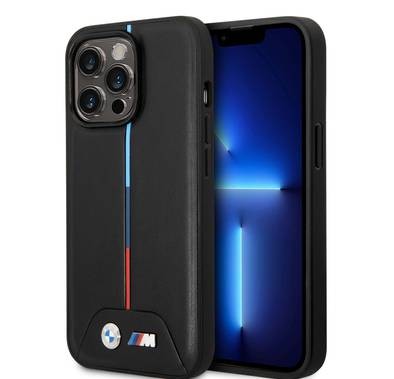 BMW M Collection Magsafe Compatibility Quilted PU Case with Hot Stamped Tricolor Stripe iPhone 14 Pro Max Compatibility - Black