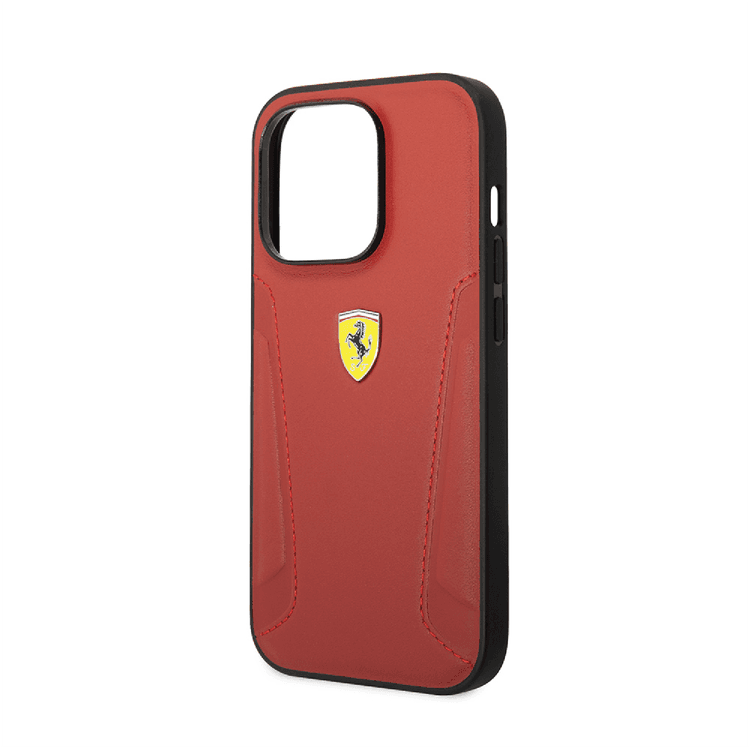 Ferrari Leather Case with Hot Stamped Sides & Yellow Shield Logo iPhone 14 Compatibility - Red