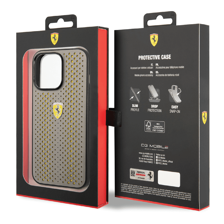 Ferrari PU Leather Perforated Case with Nylon Base & Yellow Shield Logo iPhone 14 Compatibility - Yellow