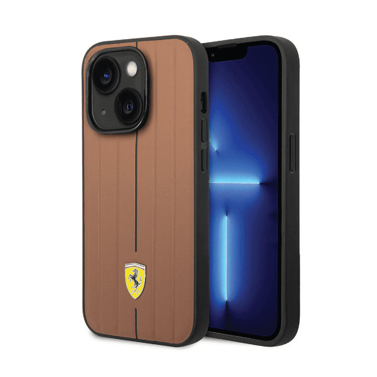 Ferrari Leather Case with Embossed Stripes & Yellow Shield Logo iPhone 14 Plus Compatibility - Camel