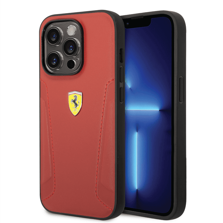 Ferrari Leather Case with Hot Stamped Sides & Yellow Shield Logo iPhone 14 Pro Max Compatibility - Red