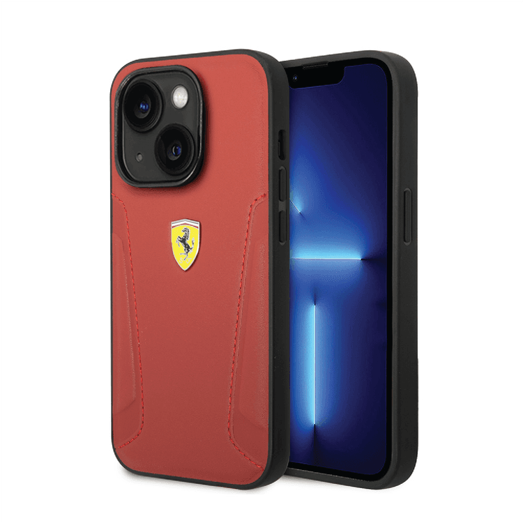 Ferrari Leather Case with Hot Stamped Sides & Yellow Shield Logo iPhone 14 Plus Compatibility - Red