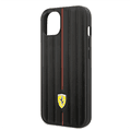 Ferrari Leather Case with Embossed Stripes & Yellow Shield Logo iPhone 14 Plus Compatibility - Black
